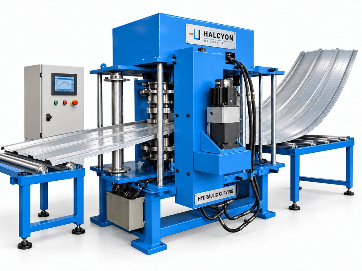 Hydraulic panel curving unit for arch roof panels, Halcyon reference image