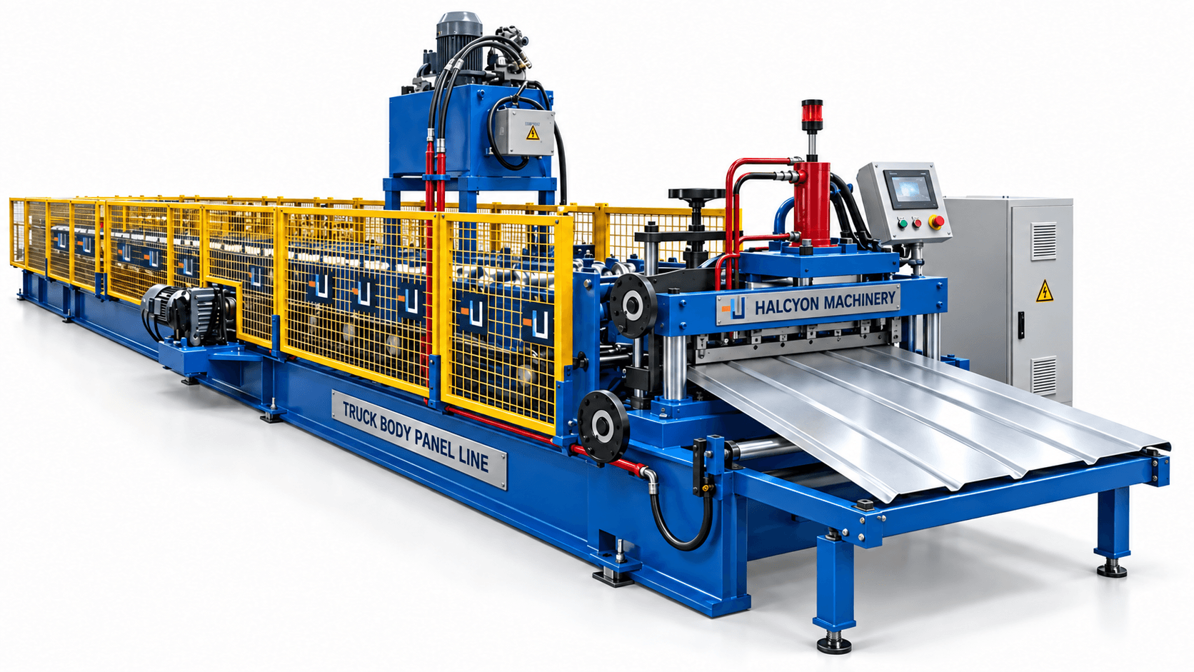 Illustrative rendering of a truck-body panel roll forming line; not a photographed build