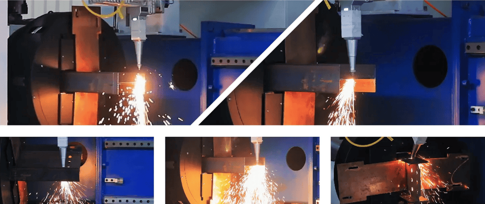 HLC-350 production-base reference collage showing a laser cutting structural sections