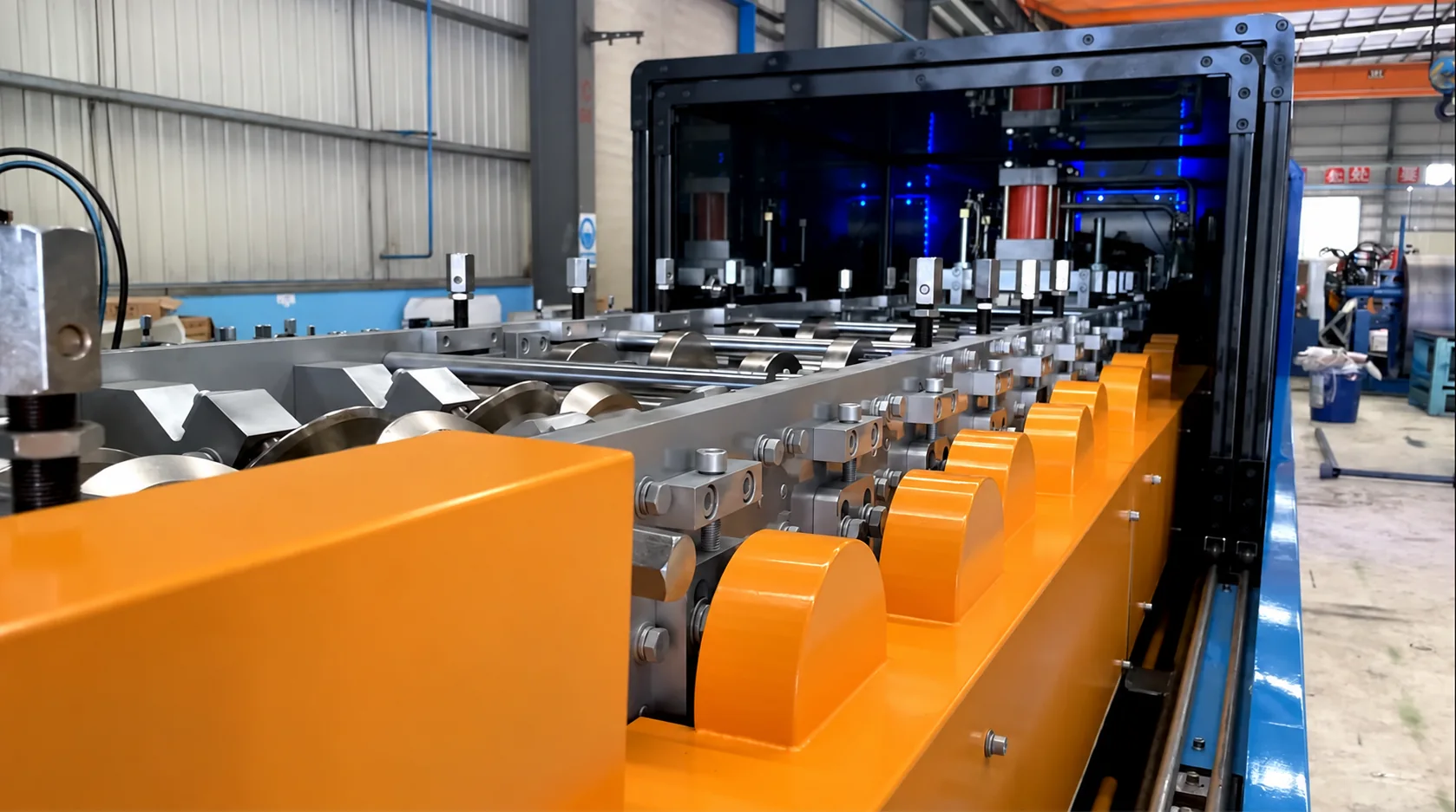 HLG-300 roll forming station showing guides, rollers and guards at our Xiamen production base