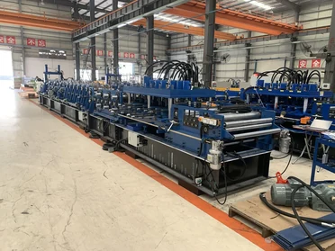 Production-base workshop reference showing a C/Z purlin roll forming line