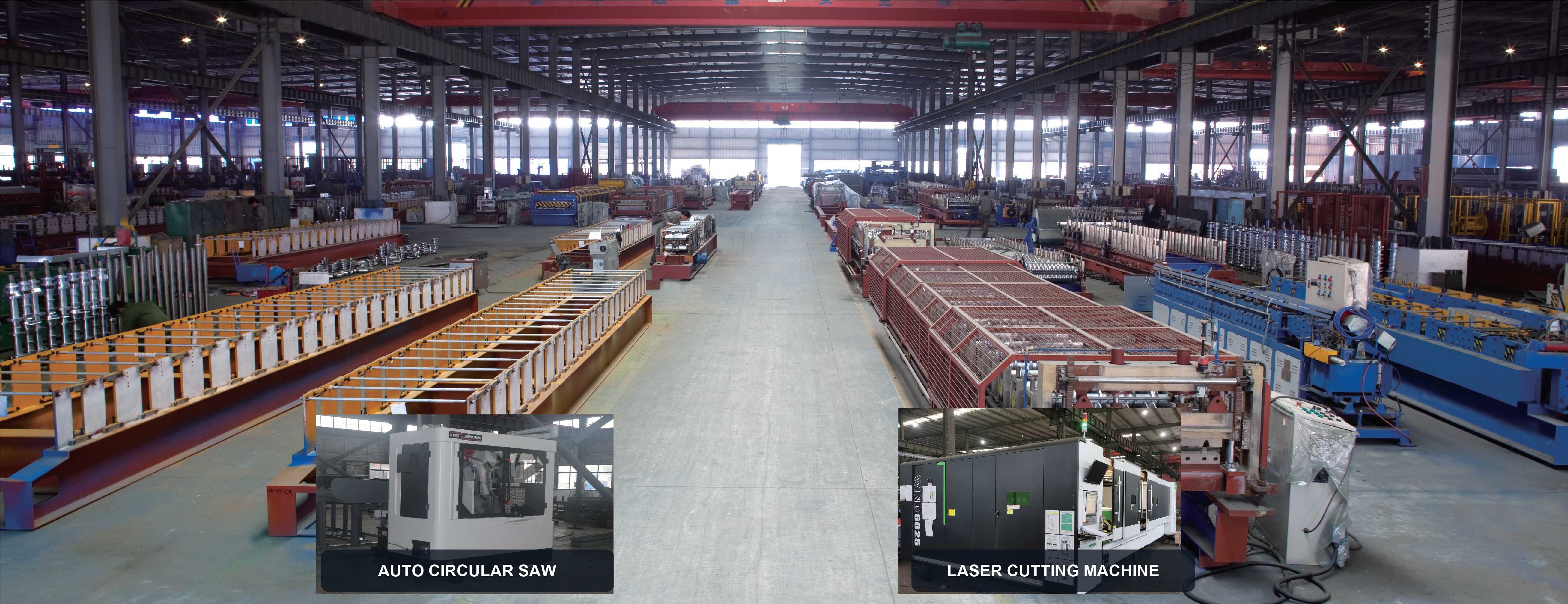 Large roll forming production hall with automatic circular saw and laser cutting equipment